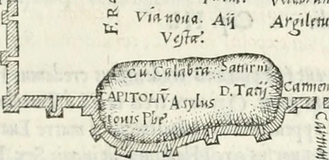 An illustration from Vrbis Romae topographia : nvper ab ipso avctore nonnvllis erroribvs svblatis emandata, addita etiam interpretatione nominum quæ unica litera uel syllaba in antiquis titulis scripta inueniuntur : cvi etiam ab eodem adiectae svnt qvam breuissimæ obseruationes de prænomine, nomine, & cognomine de quibus etsi multi multa scripsere nemo tamen hactenus rei ueritatem attigisse videtur, 1544, leaf 32