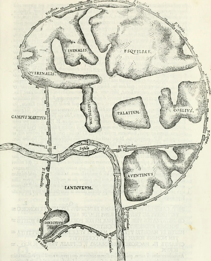 An illustration from Vrbis Romae topographia : nvper ab ipso avctore nonnvllis erroribvs svblatis emandata, addita etiam interpretatione nominum quæ unica litera uel syllaba in antiquis titulis scripta inueniuntur : cvi etiam ab eodem adiectae svnt qvam breuissimæ obseruationes de prænomine, nomine, & cognomine de quibus etsi multi multa scripsere nemo tamen hactenus rei ueritatem attigisse videtur, 1544, leaf 36