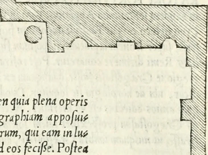 An illustration from Vrbis Romae topographia : nvper ab ipso avctore nonnvllis erroribvs svblatis emandata, addita etiam interpretatione nominum quæ unica litera uel syllaba in antiquis titulis scripta inueniuntur : cvi etiam ab eodem adiectae svnt qvam breuissimæ obseruationes de prænomine, nomine, & cognomine de quibus etsi multi multa scripsere nemo tamen hactenus rei ueritatem attigisse videtur, 1544, leaf 75