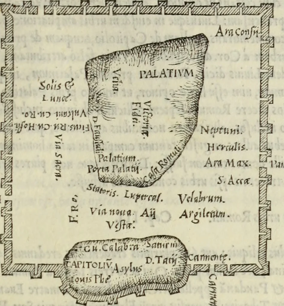 An illustration from Vrbis Romae topographia. Nvper ab ipso avctore nonnvllis erroribvs svblatis emendata. Addita etiam interpretatione Nominum, quae unica Litera, uel Syllaba in antiquis titulis scripta inueniuntur. Cui etiam ab eodem adiectae svnt qvam-breuissimae obseruationes de praenomine, nomine, & cognomine. De quibus etsi multi multa scriptsere, nemo tamen hactenus rei ueritatem attigisse videtur, 1544, leaf 20