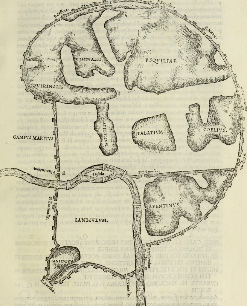 An illustration from Vrbis Romae topographia. Nvper ab ipso avctore nonnvllis erroribvs svblatis emendata. Addita etiam interpretatione Nominum, quae unica Litera, uel Syllaba in antiquis titulis scripta inueniuntur. Cui etiam ab eodem adiectae svnt qvam-breuissimae obseruationes de praenomine, nomine, & cognomine. De quibus etsi multi multa scriptsere, nemo tamen hactenus rei ueritatem attigisse videtur, 1544, leaf 24