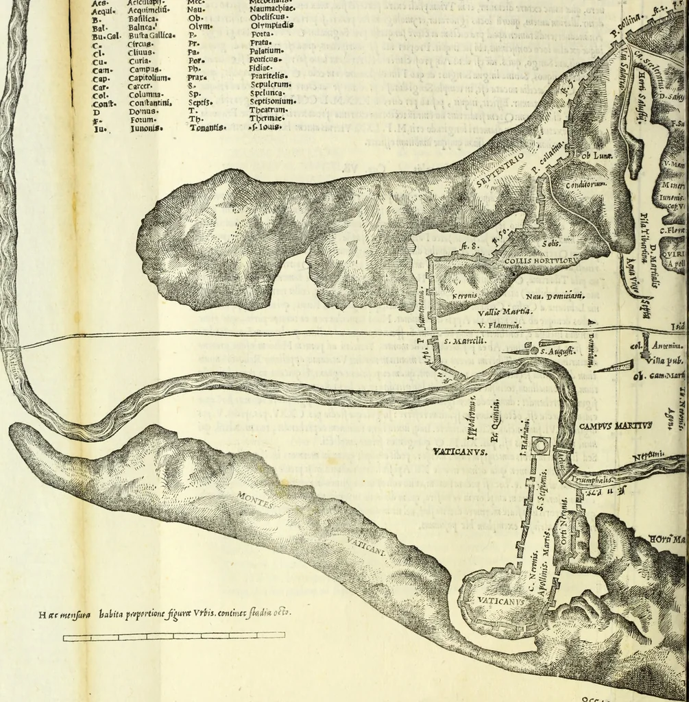 An illustration from Vrbis Romae topographia. Nvper ab ipso avctore nonnvllis erroribvs svblatis emendata. Addita etiam interpretatione Nominum, quae unica Litera, uel Syllaba in antiquis titulis scripta inueniuntur. Cui etiam ab eodem adiectae svnt qvam-breuissimae obseruationes de praenomine, nomine, & cognomine. De quibus etsi multi multa scriptsere, nemo tamen hactenus rei ueritatem attigisse videtur, 1544, leaf 29