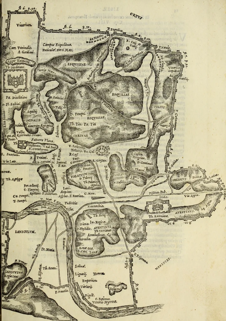 An illustration from Vrbis Romae topographia. Nvper ab ipso avctore nonnvllis erroribvs svblatis emendata. Addita etiam interpretatione Nominum, quae unica Litera, uel Syllaba in antiquis titulis scripta inueniuntur. Cui etiam ab eodem adiectae svnt qvam-breuissimae obseruationes de praenomine, nomine, & cognomine. De quibus etsi multi multa scriptsere, nemo tamen hactenus rei ueritatem attigisse videtur, 1544, leaf 30
