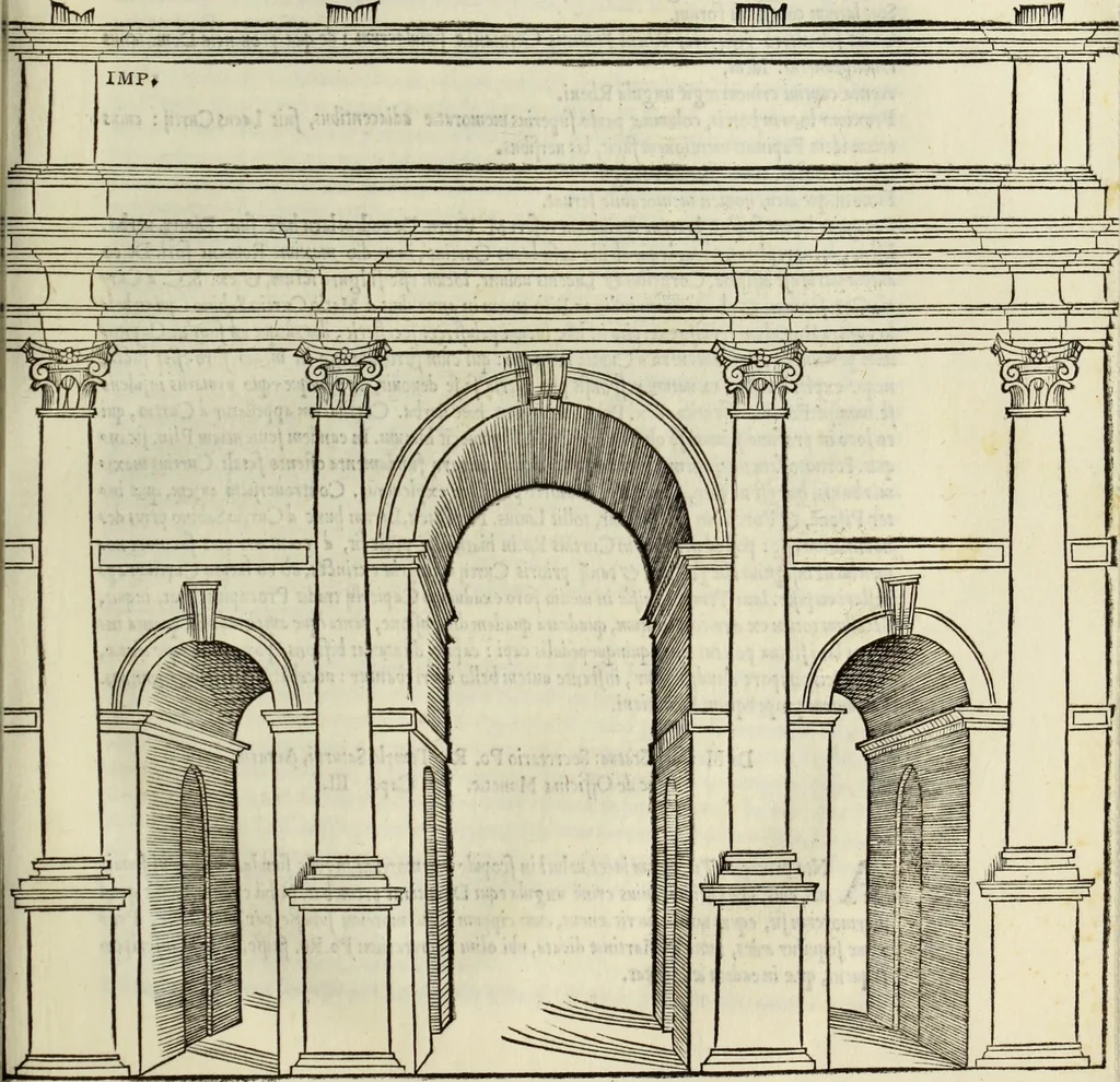 An illustration from Vrbis Romae topographia. Nvper ab ipso avctore nonnvllis erroribvs svblatis emendata. Addita etiam interpretatione Nominum, quae unica Litera, uel Syllaba in antiquis titulis scripta inueniuntur. Cui etiam ab eodem adiectae svnt qvam-breuissimae obseruationes de praenomine, nomine, & cognomine. De quibus etsi multi multa scriptsere, nemo tamen hactenus rei ueritatem attigisse videtur, 1544, leaf 56