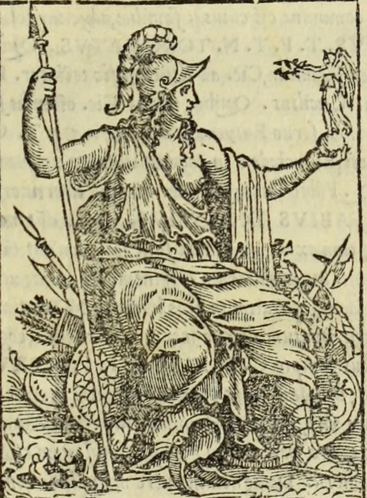 An illustration from Vrbis Romae topographia. Nvper ab ipso avctore nonnvllis erroribvs svblatis emendata. Addita etiam interpretatione Nominum, quae unica Litera, uel Syllaba in antiquis titulis scripta inueniuntur. Cui etiam ab eodem adiectae svnt qvam-breuissimae obseruationes de praenomine, nomine, & cognomine. De quibus etsi multi multa scriptsere, nemo tamen hactenus rei ueritatem attigisse videtur, 1544, leaf 6