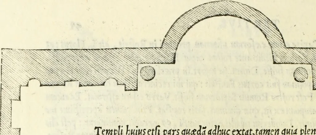 An illustration from Vrbis Romae topographia. Nvper ab ipso avctore nonnvllis erroribvs svblatis emendata. Addita etiam interpretatione Nominum, quae unica Litera, uel Syllaba in antiquis titulis scripta inueniuntur. Cui etiam ab eodem adiectae svnt qvam-breuissimae obseruationes de praenomine, nomine, & cognomine. De quibus etsi multi multa scriptsere, nemo tamen hactenus rei ueritatem attigisse videtur, 1544, leaf 63