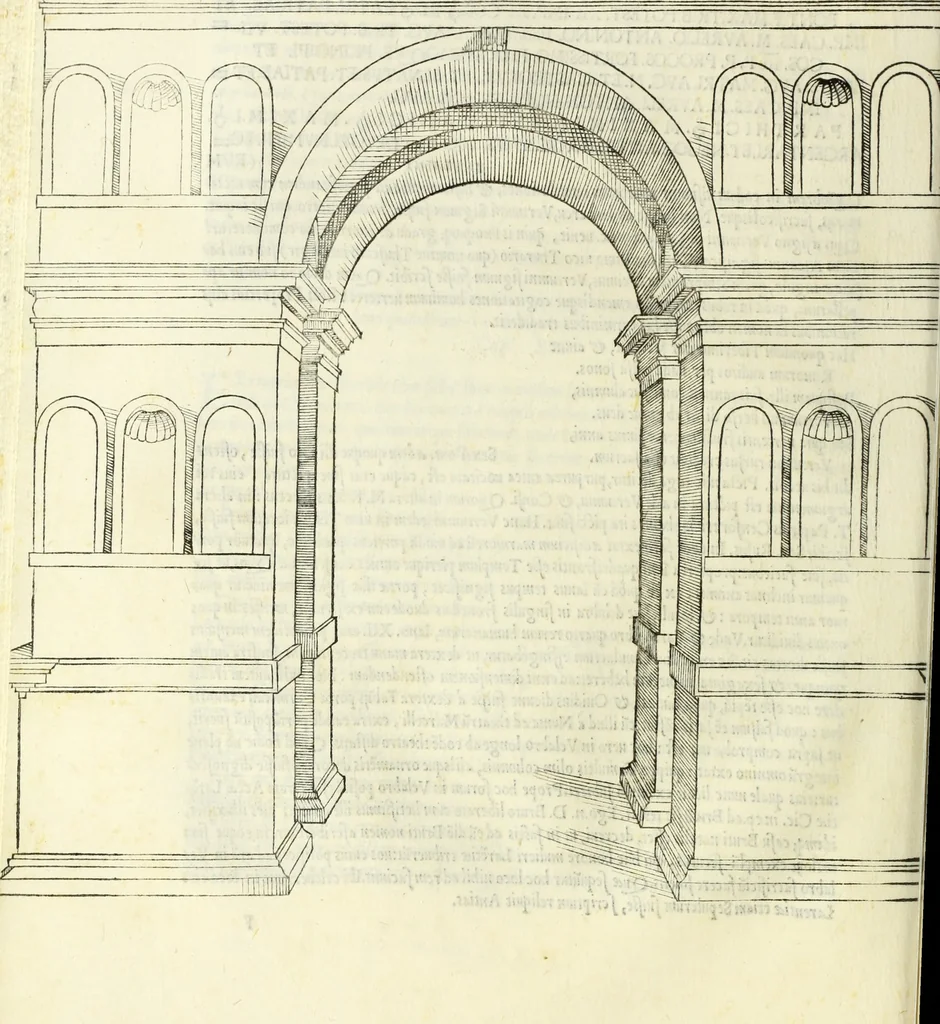 An illustration from Vrbis Romae topographia. Nvper ab ipso avctore nonnvllis erroribvs svblatis emendata. Addita etiam interpretatione Nominum, quae unica Litera, uel Syllaba in antiquis titulis scripta inueniuntur. Cui etiam ab eodem adiectae svnt qvam-breuissimae obseruationes de praenomine, nomine, & cognomine. De quibus etsi multi multa scriptsere, nemo tamen hactenus rei ueritatem attigisse videtur, 1544, leaf 71