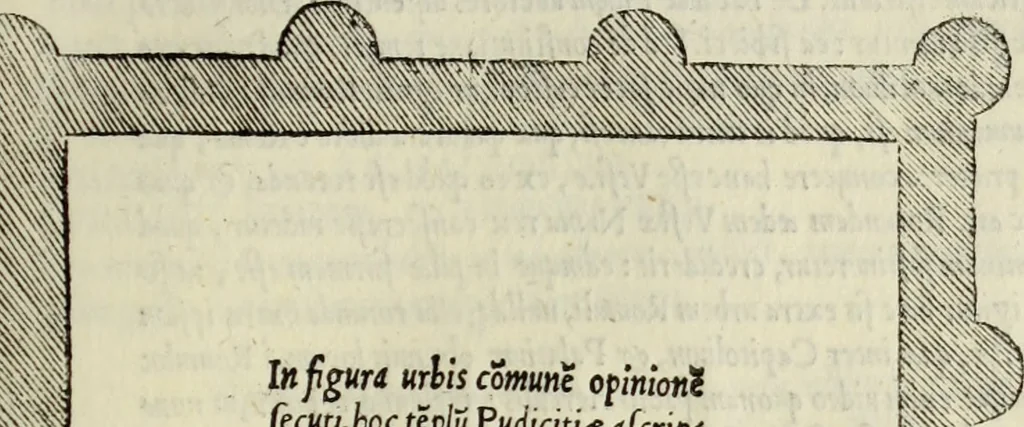 An illustration from Vrbis Romae topographia. Nvper ab ipso avctore nonnvllis erroribvs svblatis emendata. Addita etiam interpretatione Nominum, quae unica Litera, uel Syllaba in antiquis titulis scripta inueniuntur. Cui etiam ab eodem adiectae svnt qvam-breuissimae obseruationes de praenomine, nomine, & cognomine. De quibus etsi multi multa scriptsere, nemo tamen hactenus rei ueritatem attigisse videtur, 1544, leaf 74