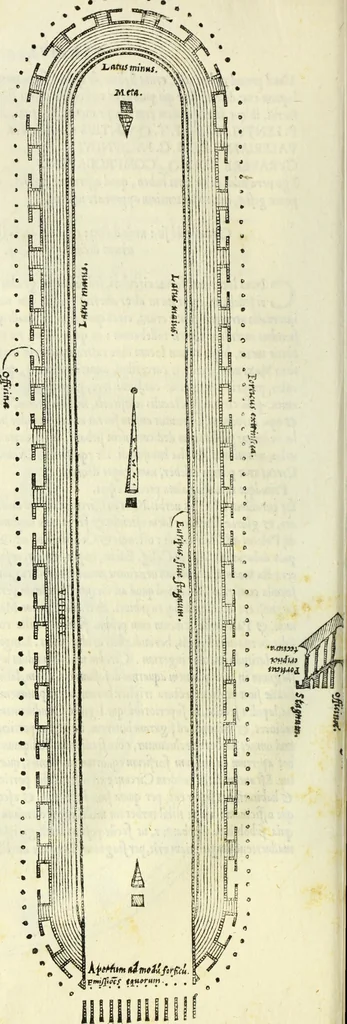 An illustration from Vrbis Romae topographia. Nvper ab ipso avctore nonnvllis erroribvs svblatis emendata. Addita etiam interpretatione Nominum, quae unica Litera, uel Syllaba in antiquis titulis scripta inueniuntur. Cui etiam ab eodem adiectae svnt qvam-breuissimae obseruationes de praenomine, nomine, & cognomine. De quibus etsi multi multa scriptsere, nemo tamen hactenus rei ueritatem attigisse videtur, 1544, leaf 77