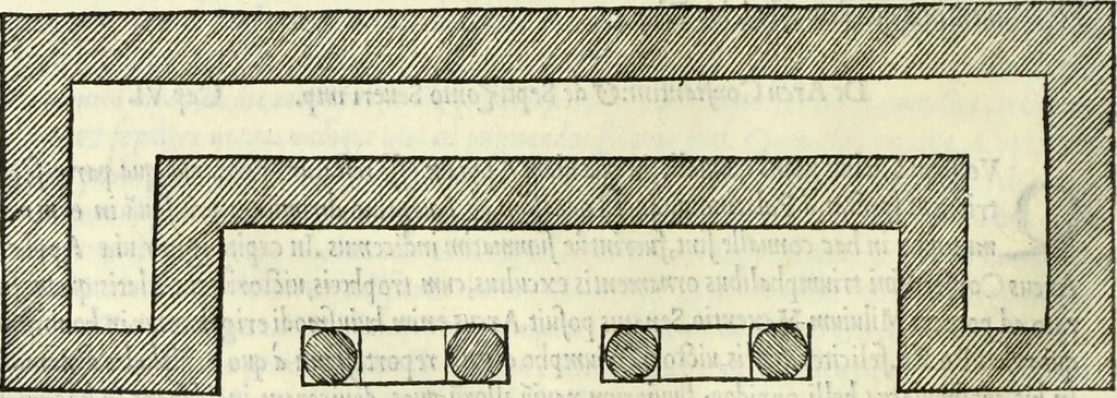 An illustration from Vrbis Romae topographia. Nvper ab ipso avctore nonnvllis erroribvs svblatis emendata. Addita etiam interpretatione Nominum, quae unica Litera, uel Syllaba in antiquis titulis scripta inueniuntur. Cui etiam ab eodem adiectae svnt qvam-breuissimae obseruationes de praenomine, nomine, & cognomine. De quibus etsi multi multa scriptsere, nemo tamen hactenus rei ueritatem attigisse videtur, 1544, leaf 85