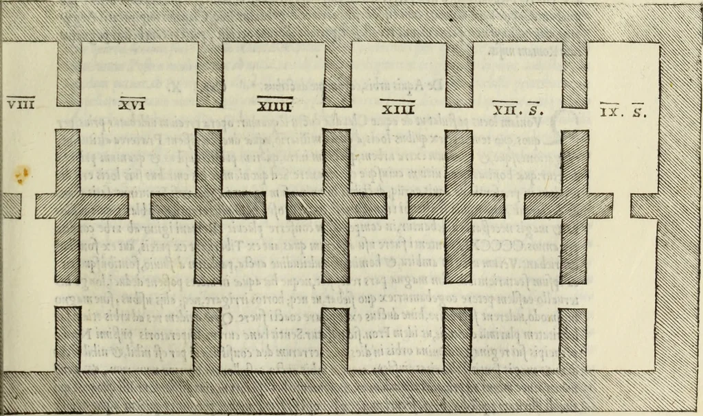 An illustration from Vrbis Romae topographia. Nvper ab ipso avctore nonnvllis erroribvs svblatis emendata. Addita etiam interpretatione Nominum, quae unica Litera, uel Syllaba in antiquis titulis scripta inueniuntur. Cui etiam ab eodem adiectae svnt qvam-breuissimae obseruationes de praenomine, nomine, & cognomine. De quibus etsi multi multa scriptsere, nemo tamen hactenus rei ueritatem attigisse videtur, 1544, leaf 88