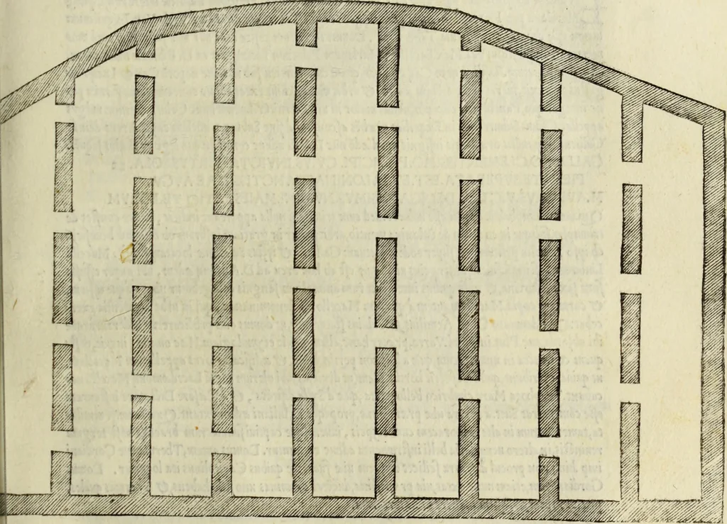 An illustration from Vrbis Romae topographia. Nvper ab ipso avctore nonnvllis erroribvs svblatis emendata. Addita etiam interpretatione Nominum, quae unica Litera, uel Syllaba in antiquis titulis scripta inueniuntur. Cui etiam ab eodem adiectae svnt qvam-breuissimae obseruationes de praenomine, nomine, & cognomine. De quibus etsi multi multa scriptsere, nemo tamen hactenus rei ueritatem attigisse videtur, 1544, leaf 98