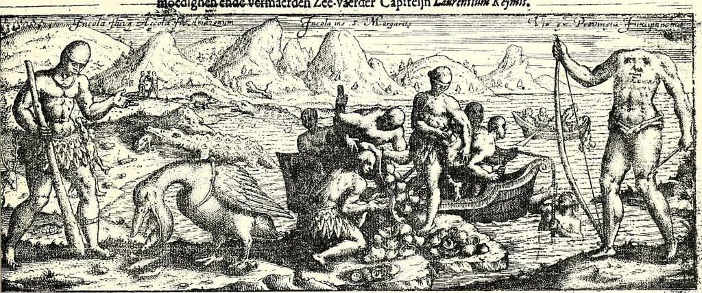 An illustration from VVaerachtighe ende grondighe beschryvinge van het groot ende Goudt-rijck Coninckrijck van Guiana, gheleghen zijnde in America, by noorden de groote Riviere Orelliana, vanden vijfden graed by zuyden totten vijf den graed by noorden de Middellinie in welcke beschryvinghe de rechte gheleghentheyt vande groote ende rijcke Hooftstadt Manoa, Macureguarai, ende andere steden des selvighen coninckrijcks ..., 1598, leaf 70
