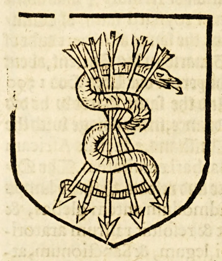 An illustration from VVorkes of armorie : deuided into three bookes, entituled, the concordes of armorie, the armorie of honor, and of cotes and creastes,, 1597, leaf 210