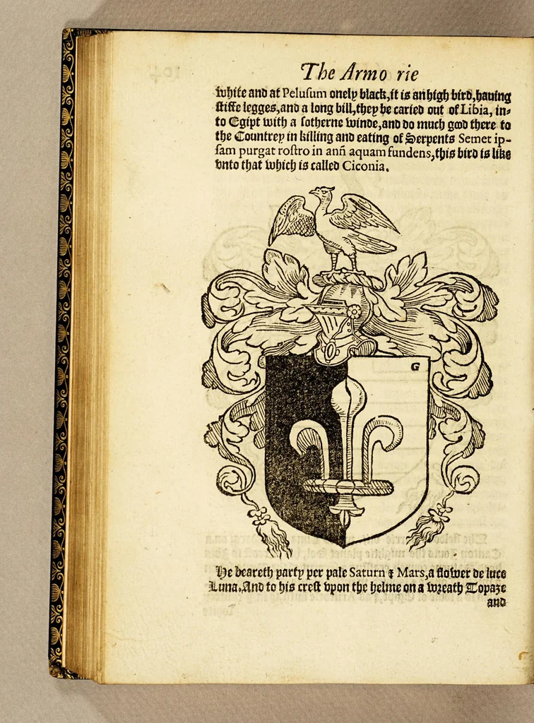 An illustration from VVorkes of armorie : deuided into three bookes, entituled, the concordes of armorie, the armorie of honor, and of cotes and creastes,, 1597, leaf 222