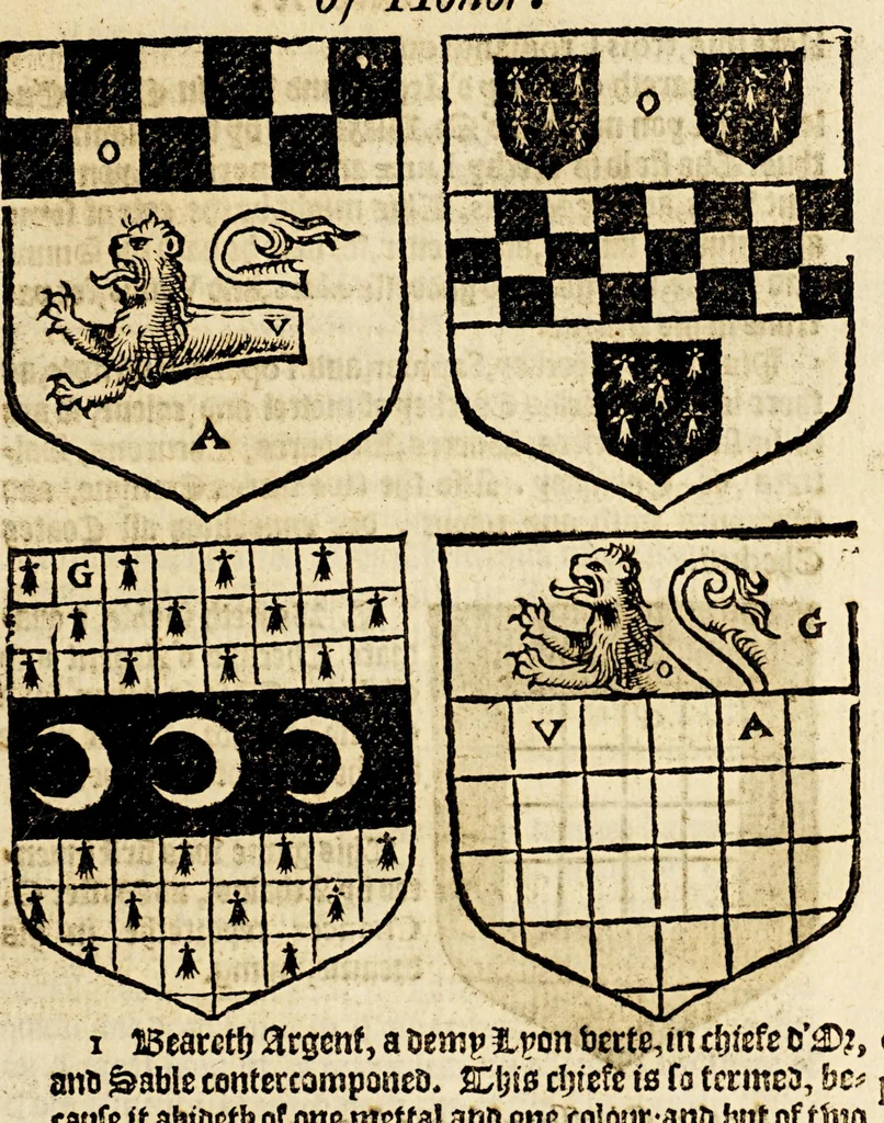 An illustration from VVorkes of armorie : deuided into three bookes, entituled, the concordes of armorie, the armorie of honor, and of cotes and creastes,, 1597, leaf 93