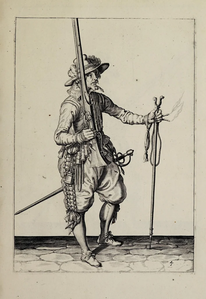 An illustration from Waffenhandlung von der Rören, Musquetten, undt Spiessen : gestalt nach der Ordnung des hochgebornen Fursten vnd Herrn, Herrn Moritzen Printzen zu Oranien ..., 1608, leaf 109