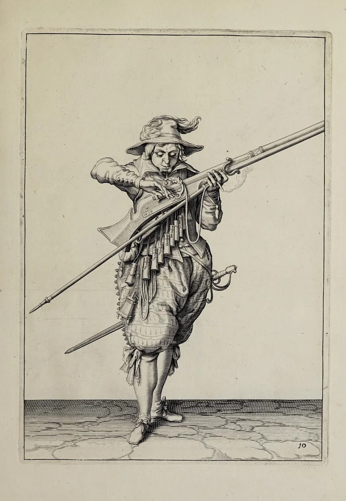 An illustration from Waffenhandlung von der Rören, Musquetten, undt Spiessen : gestalt nach der Ordnung des hochgebornen Fursten vnd Herrn, Herrn Moritzen Printzen zu Oranien ..., 1608, leaf 121