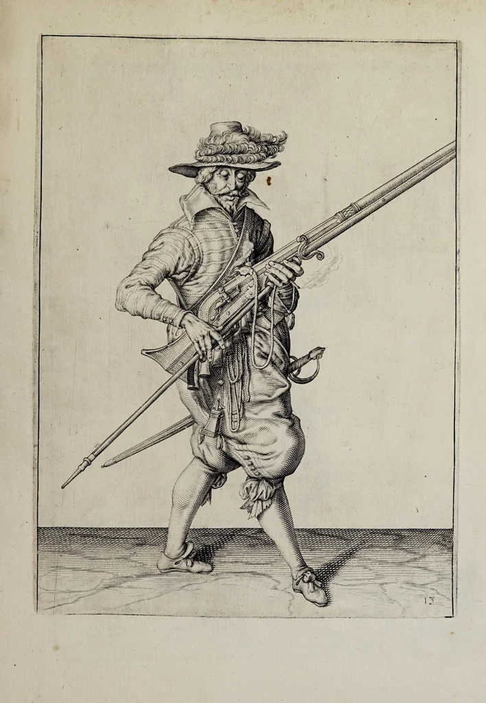 An illustration from Waffenhandlung von der Rören, Musquetten, undt Spiessen : gestalt nach der Ordnung des hochgebornen Fursten vnd Herrn, Herrn Moritzen Printzen zu Oranien ..., 1608, leaf 127