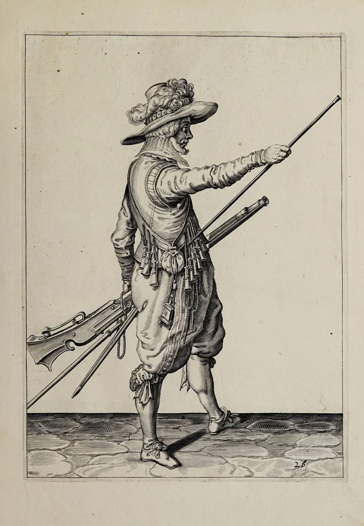 An illustration from Waffenhandlung von der Rören, Musquetten, undt Spiessen : gestalt nach der Ordnung des hochgebornen Fursten vnd Herrn, Herrn Moritzen Printzen zu Oranien ..., 1608, leaf 153