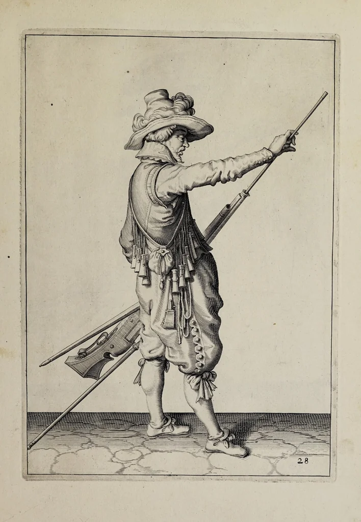 An illustration from Waffenhandlung von der Rören, Musquetten, undt Spiessen : gestalt nach der Ordnung des hochgebornen Fursten vnd Herrn, Herrn Moritzen Printzen zu Oranien ..., 1608, leaf 157
