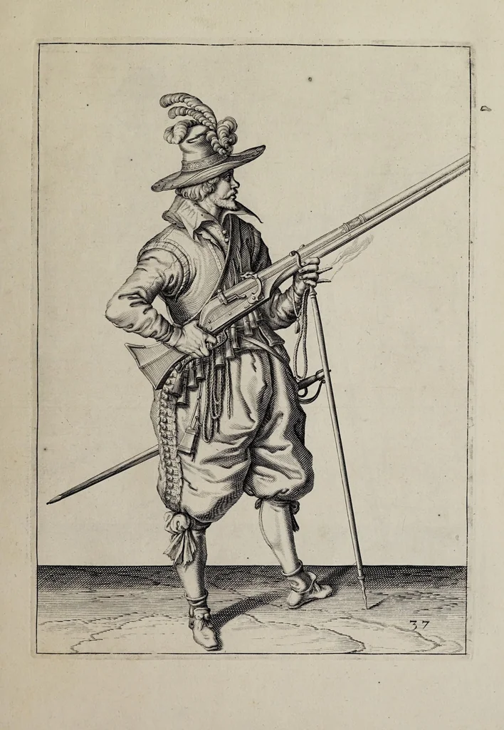 An illustration from Waffenhandlung von der Rören, Musquetten, undt Spiessen : gestalt nach der Ordnung des hochgebornen Fursten vnd Herrn, Herrn Moritzen Printzen zu Oranien ..., 1608, leaf 175