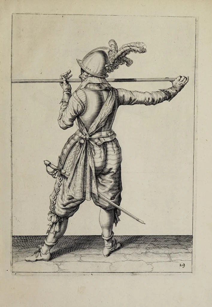 An illustration from Waffenhandlung von der Rören, Musquetten, undt Spiessen : gestalt nach der Ordnung des hochgebornen Fursten vnd Herrn, Herrn Moritzen Printzen zu Oranien ..., 1608, leaf 249