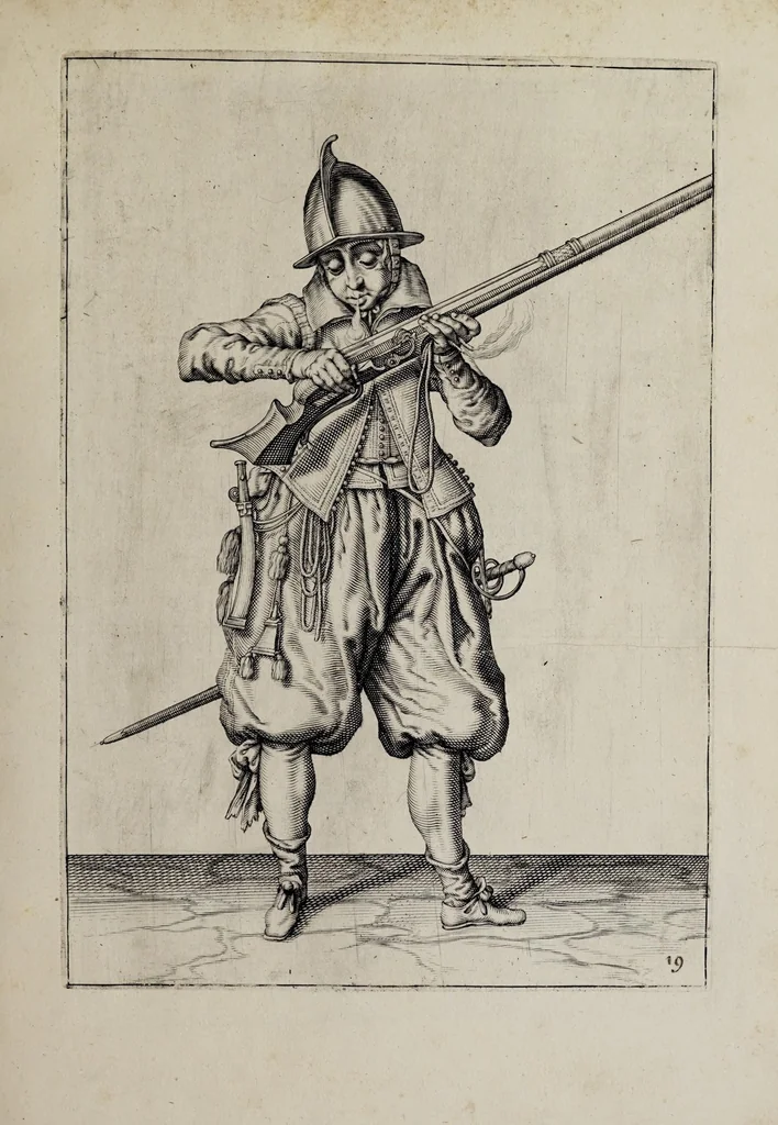 An illustration from Waffenhandlung von der Rören, Musquetten, undt Spiessen : gestalt nach der Ordnung des hochgebornen Fursten vnd Herrn, Herrn Moritzen Printzen zu Oranien ..., 1608, leaf 51