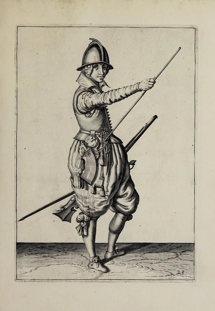 An illustration from Waffenhandlung von der Rören, Musquetten, undt Spiessen : gestalt nach der Ordnung des hochgebornen Fursten vnd Herrn, Herrn Moritzen Printzen zu Oranien ..., 1608, leaf 69