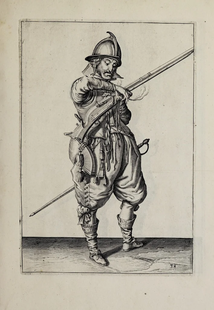 An illustration from Waffenhandlung von der Rören, Musquetten, undt Spiessen : gestalt nach der Ordnung des hochgebornen Fursten vnd Herrn, Herrn Moritzen Printzen zu Oranien ..., 1608, leaf 89