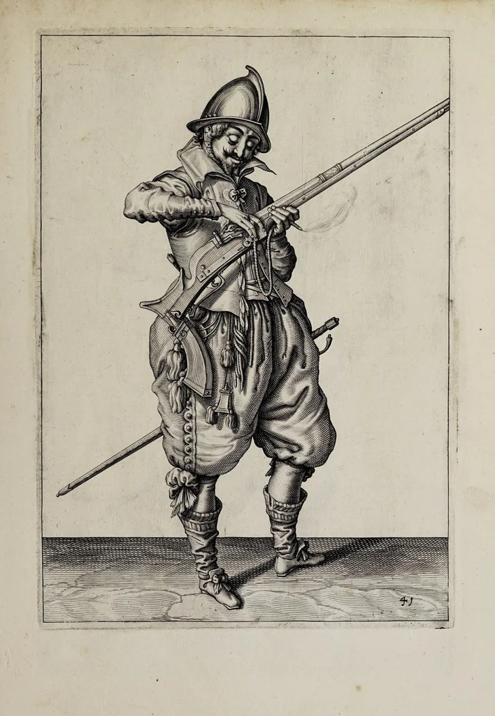 An illustration from Waffenhandlung von der Rören, Musquetten, undt Spiessen : gestalt nach der Ordnung des hochgebornen Fursten vnd Herrn, Herrn Moritzen Printzen zu Oranien ..., 1608, leaf 95
