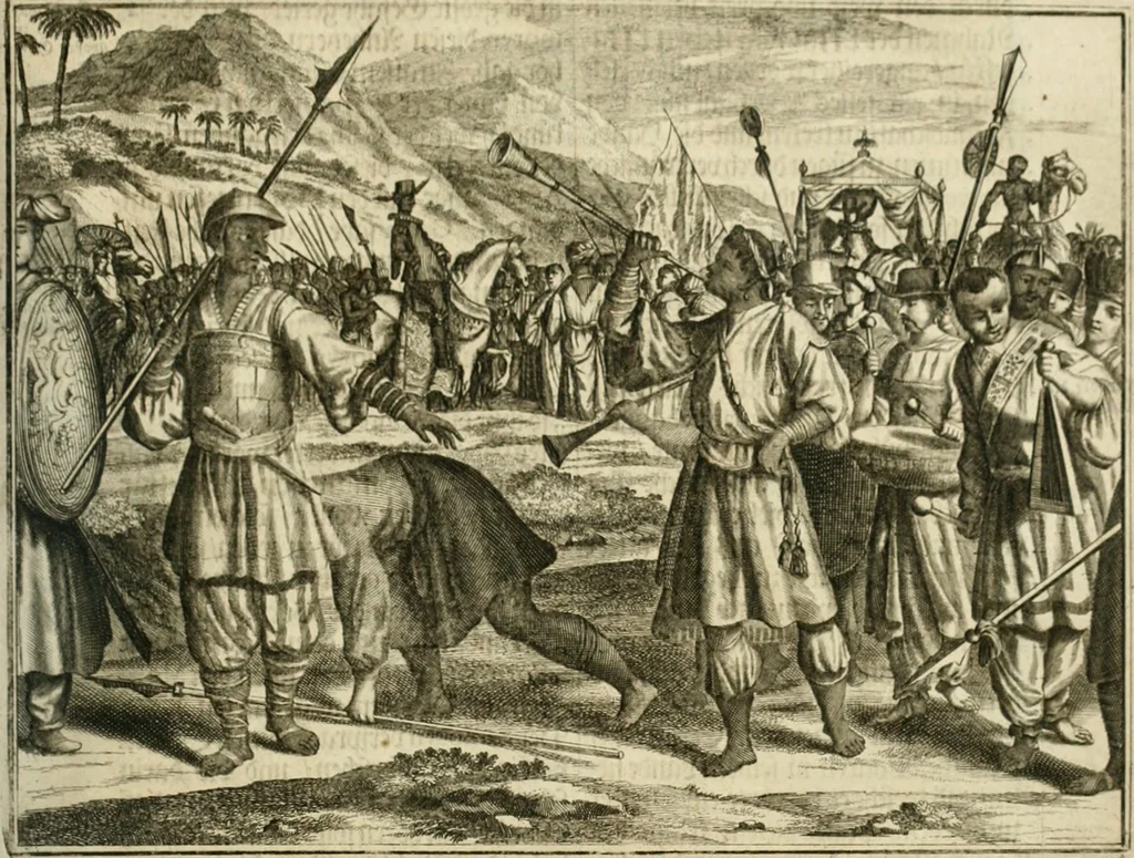 An illustration from Wahrhaftige ausführliche beschreibung der berühmten ostindischen kusten Malabar und Coromandel, als auch der insel Zeylon: samt dero angräntzenden und untergehörigen reichen, fürstentühmen, ländern, städten ... so wol auch der merkwürdigsten kriegshändel, belägerungen, feld- und seeschlachten, sonderlich zwischen den Portugesen und Holländern, handel-und kaufmannschaften: durchgehends verzieret mit neuen landkahrten und abbildungen der vornehmsten städte, festungen, trachten, thiere, früchte, &c. so in India selbst nach dem leben gezeichnet, und folgends mit fleiss zu kupfer gebracht: benebst einer umständlichen und gründlichen entdeckung der abgötterey der ost-indischen heyden, Malabaren, Benjanen, Gentiven, Bramines &c. .., 1672, leaf 124