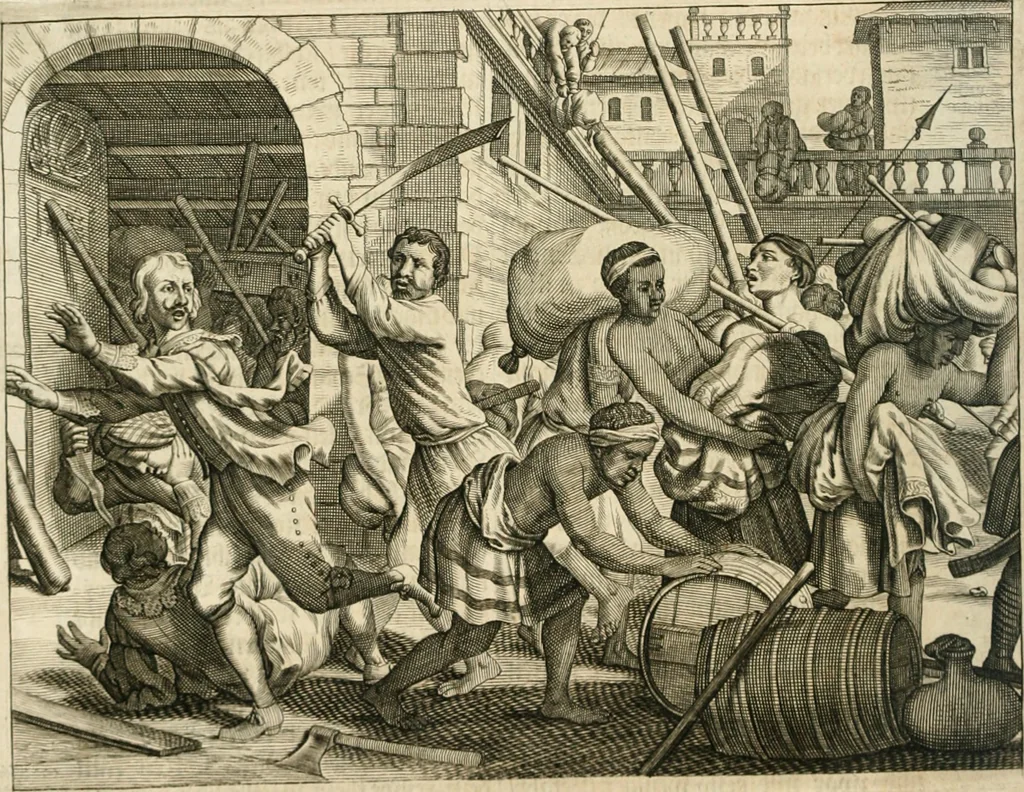 An illustration from Wahrhaftige ausführliche beschreibung der berühmten ostindischen kusten Malabar und Coromandel, als auch der insel Zeylon: samt dero angräntzenden und untergehörigen reichen, fürstentühmen, ländern, städten ... so wol auch der merkwürdigsten kriegshändel, belägerungen, feld- und seeschlachten, sonderlich zwischen den Portugesen und Holländern, handel-und kaufmannschaften: durchgehends verzieret mit neuen landkahrten und abbildungen der vornehmsten städte, festungen, trachten, thiere, früchte, &c. so in India selbst nach dem leben gezeichnet, und folgends mit fleiss zu kupfer gebracht: benebst einer umständlichen und gründlichen entdeckung der abgötterey der ost-indischen heyden, Malabaren, Benjanen, Gentiven, Bramines &c. .., 1672, leaf 127