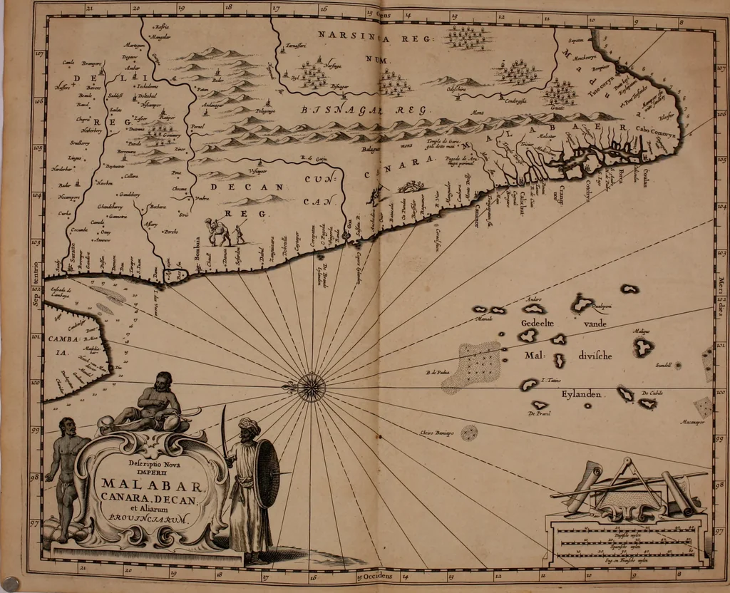 An illustration from Wahrhaftige ausführliche beschreibung der berühmten ostindischen kusten Malabar und Coromandel, als auch der insel Zeylon: samt dero angräntzenden und untergehörigen reichen, fürstentühmen, ländern, städten ... so wol auch der merkwürdigsten kriegshändel, belägerungen, feld- und seeschlachten, sonderlich zwischen den Portugesen und Holländern, handel-und kaufmannschaften: durchgehends verzieret mit neuen landkahrten und abbildungen der vornehmsten städte, festungen, trachten, thiere, früchte, &c. so in India selbst nach dem leben gezeichnet, und folgends mit fleiss zu kupfer gebracht: benebst einer umständlichen und gründlichen entdeckung der abgötterey der ost-indischen heyden, Malabaren, Benjanen, Gentiven, Bramines &c. .., 1672, leaf 13