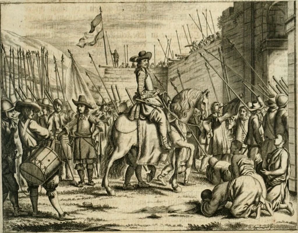 An illustration from Wahrhaftige ausführliche beschreibung der berühmten ostindischen kusten Malabar und Coromandel, als auch der insel Zeylon: samt dero angräntzenden und untergehörigen reichen, fürstentühmen, ländern, städten ... so wol auch der merkwürdigsten kriegshändel, belägerungen, feld- und seeschlachten, sonderlich zwischen den Portugesen und Holländern, handel-und kaufmannschaften: durchgehends verzieret mit neuen landkahrten und abbildungen der vornehmsten städte, festungen, trachten, thiere, früchte, &c. so in India selbst nach dem leben gezeichnet, und folgends mit fleiss zu kupfer gebracht: benebst einer umständlichen und gründlichen entdeckung der abgötterey der ost-indischen heyden, Malabaren, Benjanen, Gentiven, Bramines &c. .., 1672, leaf 144