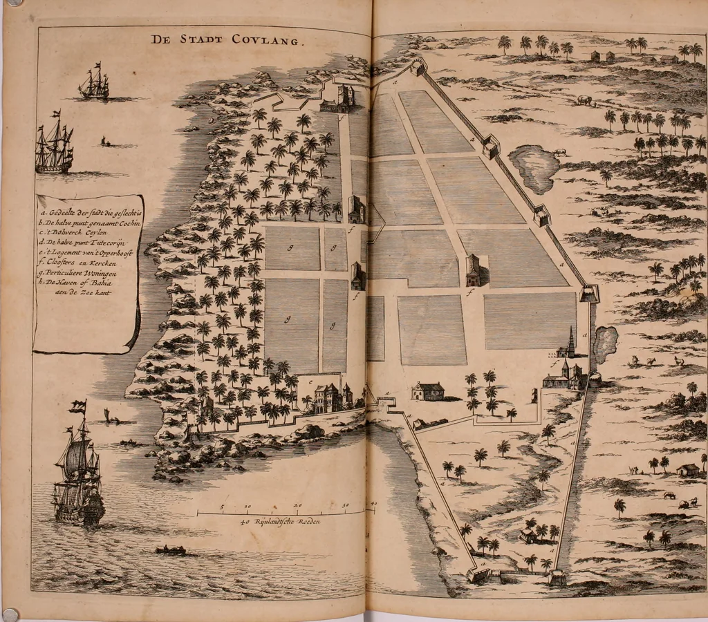An illustration from Wahrhaftige ausführliche beschreibung der berühmten ostindischen kusten Malabar und Coromandel, als auch der insel Zeylon: samt dero angräntzenden und untergehörigen reichen, fürstentühmen, ländern, städten ... so wol auch der merkwürdigsten kriegshändel, belägerungen, feld- und seeschlachten, sonderlich zwischen den Portugesen und Holländern, handel-und kaufmannschaften: durchgehends verzieret mit neuen landkahrten und abbildungen der vornehmsten städte, festungen, trachten, thiere, früchte, &c. so in India selbst nach dem leben gezeichnet, und folgends mit fleiss zu kupfer gebracht: benebst einer umständlichen und gründlichen entdeckung der abgötterey der ost-indischen heyden, Malabaren, Benjanen, Gentiven, Bramines &c. .., 1672, leaf 165