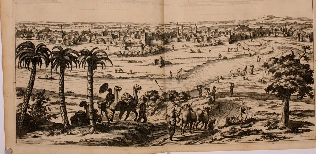 An illustration from Wahrhaftige ausführliche beschreibung der berühmten ostindischen kusten Malabar und Coromandel, als auch der insel Zeylon: samt dero angräntzenden und untergehörigen reichen, fürstentühmen, ländern, städten ... so wol auch der merkwürdigsten kriegshändel, belägerungen, feld- und seeschlachten, sonderlich zwischen den Portugesen und Holländern, handel-und kaufmannschaften: durchgehends verzieret mit neuen landkahrten und abbildungen der vornehmsten städte, festungen, trachten, thiere, früchte, &c. so in India selbst nach dem leben gezeichnet, und folgends mit fleiss zu kupfer gebracht: benebst einer umständlichen und gründlichen entdeckung der abgötterey der ost-indischen heyden, Malabaren, Benjanen, Gentiven, Bramines &c. .., 1672, leaf 17