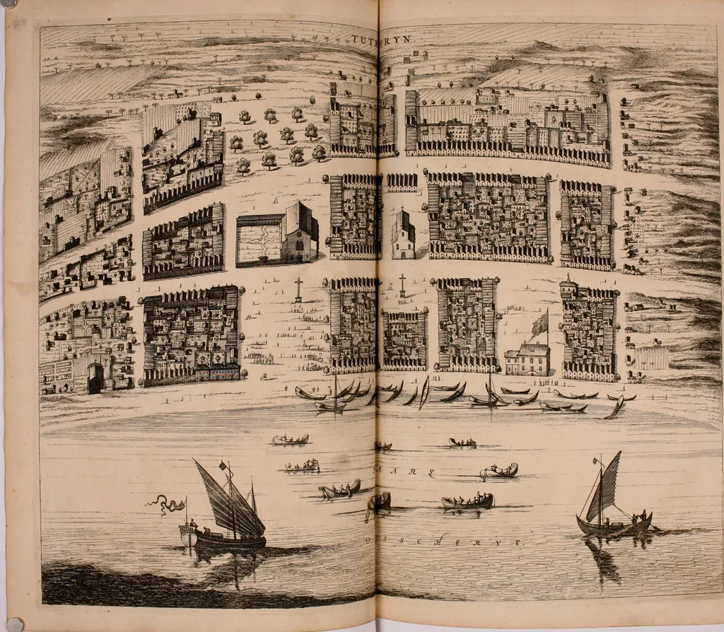 An illustration from Wahrhaftige ausführliche beschreibung der berühmten ostindischen kusten Malabar und Coromandel, als auch der insel Zeylon: samt dero angräntzenden und untergehörigen reichen, fürstentühmen, ländern, städten ... so wol auch der merkwürdigsten kriegshändel, belägerungen, feld- und seeschlachten, sonderlich zwischen den Portugesen und Holländern, handel-und kaufmannschaften: durchgehends verzieret mit neuen landkahrten und abbildungen der vornehmsten städte, festungen, trachten, thiere, früchte, &c. so in India selbst nach dem leben gezeichnet, und folgends mit fleiss zu kupfer gebracht: benebst einer umständlichen und gründlichen entdeckung der abgötterey der ost-indischen heyden, Malabaren, Benjanen, Gentiven, Bramines &c. .., 1672, leaf 175