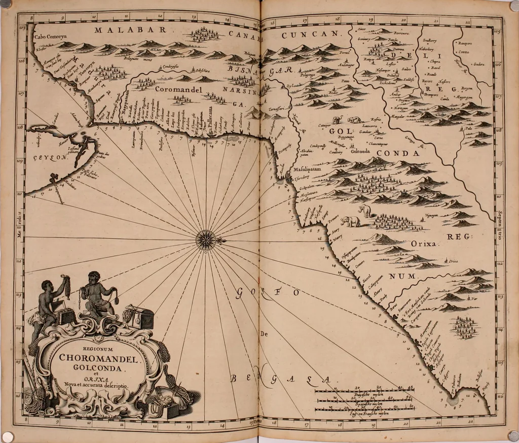 An illustration from Wahrhaftige ausführliche beschreibung der berühmten ostindischen kusten Malabar und Coromandel, als auch der insel Zeylon: samt dero angräntzenden und untergehörigen reichen, fürstentühmen, ländern, städten ... so wol auch der merkwürdigsten kriegshändel, belägerungen, feld- und seeschlachten, sonderlich zwischen den Portugesen und Holländern, handel-und kaufmannschaften: durchgehends verzieret mit neuen landkahrten und abbildungen der vornehmsten städte, festungen, trachten, thiere, früchte, &c. so in India selbst nach dem leben gezeichnet, und folgends mit fleiss zu kupfer gebracht: benebst einer umständlichen und gründlichen entdeckung der abgötterey der ost-indischen heyden, Malabaren, Benjanen, Gentiven, Bramines &c. .., 1672, leaf 181