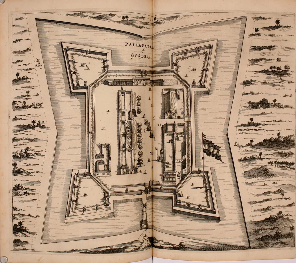 An illustration from Wahrhaftige ausführliche beschreibung der berühmten ostindischen kusten Malabar und Coromandel, als auch der insel Zeylon: samt dero angräntzenden und untergehörigen reichen, fürstentühmen, ländern, städten ... so wol auch der merkwürdigsten kriegshändel, belägerungen, feld- und seeschlachten, sonderlich zwischen den Portugesen und Holländern, handel-und kaufmannschaften: durchgehends verzieret mit neuen landkahrten und abbildungen der vornehmsten städte, festungen, trachten, thiere, früchte, &c. so in India selbst nach dem leben gezeichnet, und folgends mit fleiss zu kupfer gebracht: benebst einer umständlichen und gründlichen entdeckung der abgötterey der ost-indischen heyden, Malabaren, Benjanen, Gentiven, Bramines &c. .., 1672, leaf 189