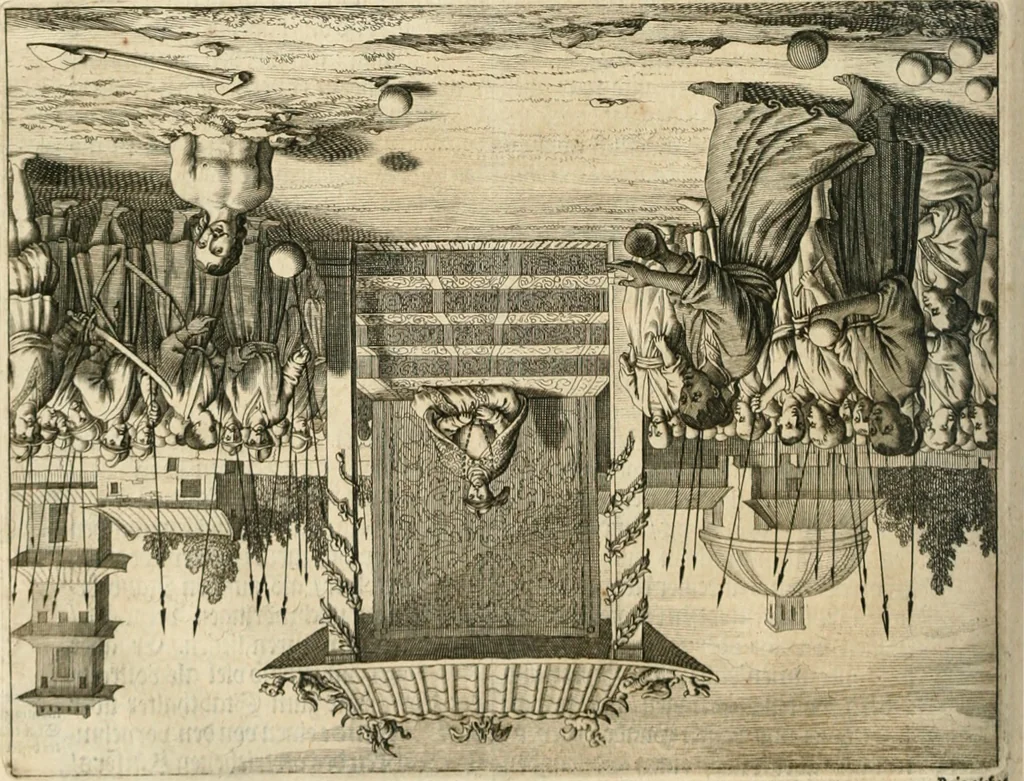 An illustration from Wahrhaftige ausführliche beschreibung der berühmten ostindischen kusten Malabar und Coromandel, als auch der insel Zeylon: samt dero angräntzenden und untergehörigen reichen, fürstentühmen, ländern, städten ... so wol auch der merkwürdigsten kriegshändel, belägerungen, feld- und seeschlachten, sonderlich zwischen den Portugesen und Holländern, handel-und kaufmannschaften: durchgehends verzieret mit neuen landkahrten und abbildungen der vornehmsten städte, festungen, trachten, thiere, früchte, &c. so in India selbst nach dem leben gezeichnet, und folgends mit fleiss zu kupfer gebracht: benebst einer umständlichen und gründlichen entdeckung der abgötterey der ost-indischen heyden, Malabaren, Benjanen, Gentiven, Bramines &c. .., 1672, leaf 243