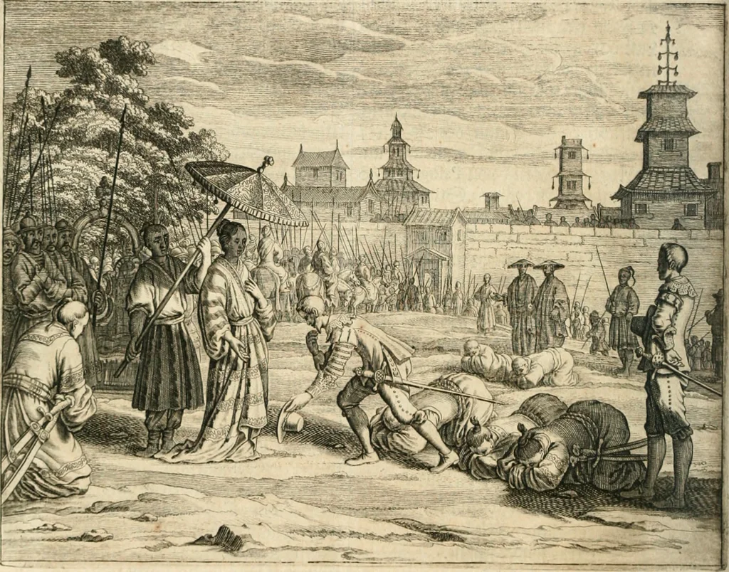 An illustration from Wahrhaftige ausführliche beschreibung der berühmten ostindischen kusten Malabar und Coromandel, als auch der insel Zeylon: samt dero angräntzenden und untergehörigen reichen, fürstentühmen, ländern, städten ... so wol auch der merkwürdigsten kriegshändel, belägerungen, feld- und seeschlachten, sonderlich zwischen den Portugesen und Holländern, handel-und kaufmannschaften: durchgehends verzieret mit neuen landkahrten und abbildungen der vornehmsten städte, festungen, trachten, thiere, früchte, &c. so in India selbst nach dem leben gezeichnet, und folgends mit fleiss zu kupfer gebracht: benebst einer umständlichen und gründlichen entdeckung der abgötterey der ost-indischen heyden, Malabaren, Benjanen, Gentiven, Bramines &c. .., 1672, leaf 249