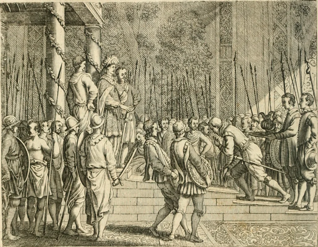 An illustration from Wahrhaftige ausführliche beschreibung der berühmten ostindischen kusten Malabar und Coromandel, als auch der insel Zeylon: samt dero angräntzenden und untergehörigen reichen, fürstentühmen, ländern, städten ... so wol auch der merkwürdigsten kriegshändel, belägerungen, feld- und seeschlachten, sonderlich zwischen den Portugesen und Holländern, handel-und kaufmannschaften: durchgehends verzieret mit neuen landkahrten und abbildungen der vornehmsten städte, festungen, trachten, thiere, früchte, &c. so in India selbst nach dem leben gezeichnet, und folgends mit fleiss zu kupfer gebracht: benebst einer umständlichen und gründlichen entdeckung der abgötterey der ost-indischen heyden, Malabaren, Benjanen, Gentiven, Bramines &c. .., 1672, leaf 257