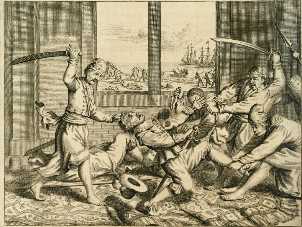 An illustration from Wahrhaftige ausführliche beschreibung der berühmten ostindischen kusten Malabar und Coromandel, als auch der insel Zeylon: samt dero angräntzenden und untergehörigen reichen, fürstentühmen, ländern, städten ... so wol auch der merkwürdigsten kriegshändel, belägerungen, feld- und seeschlachten, sonderlich zwischen den Portugesen und Holländern, handel-und kaufmannschaften: durchgehends verzieret mit neuen landkahrten und abbildungen der vornehmsten städte, festungen, trachten, thiere, früchte, &c. so in India selbst nach dem leben gezeichnet, und folgends mit fleiss zu kupfer gebracht: benebst einer umständlichen und gründlichen entdeckung der abgötterey der ost-indischen heyden, Malabaren, Benjanen, Gentiven, Bramines &c. .., 1672, leaf 259