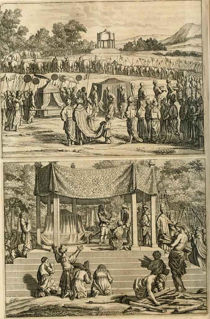 An illustration from Wahrhaftige ausführliche beschreibung der berühmten ostindischen kusten Malabar und Coromandel, als auch der insel Zeylon: samt dero angräntzenden und untergehörigen reichen, fürstentühmen, ländern, städten ... so wol auch der merkwürdigsten kriegshändel, belägerungen, feld- und seeschlachten, sonderlich zwischen den Portugesen und Holländern, handel-und kaufmannschaften: durchgehends verzieret mit neuen landkahrten und abbildungen der vornehmsten städte, festungen, trachten, thiere, früchte, &c. so in India selbst nach dem leben gezeichnet, und folgends mit fleiss zu kupfer gebracht: benebst einer umständlichen und gründlichen entdeckung der abgötterey der ost-indischen heyden, Malabaren, Benjanen, Gentiven, Bramines &c. .., 1672, leaf 271