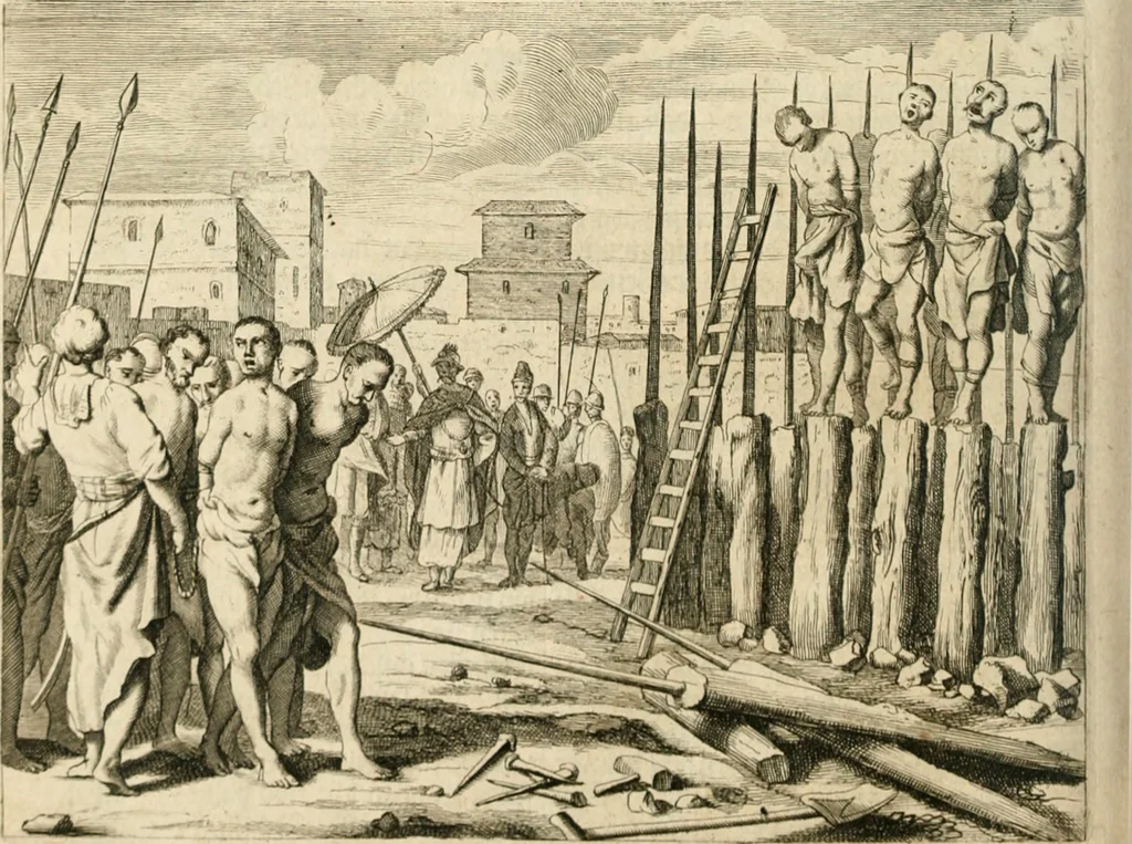 An illustration from Wahrhaftige ausführliche beschreibung der berühmten ostindischen kusten Malabar und Coromandel, als auch der insel Zeylon: samt dero angräntzenden und untergehörigen reichen, fürstentühmen, ländern, städten ... so wol auch der merkwürdigsten kriegshändel, belägerungen, feld- und seeschlachten, sonderlich zwischen den Portugesen und Holländern, handel-und kaufmannschaften: durchgehends verzieret mit neuen landkahrten und abbildungen der vornehmsten städte, festungen, trachten, thiere, früchte, &c. so in India selbst nach dem leben gezeichnet, und folgends mit fleiss zu kupfer gebracht: benebst einer umständlichen und gründlichen entdeckung der abgötterey der ost-indischen heyden, Malabaren, Benjanen, Gentiven, Bramines &c. .., 1672, leaf 303