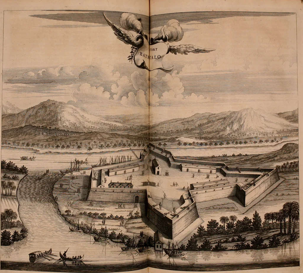 An illustration from Wahrhaftige ausführliche beschreibung der berühmten ostindischen kusten Malabar und Coromandel, als auch der insel Zeylon: samt dero angräntzenden und untergehörigen reichen, fürstentühmen, ländern, städten ... so wol auch der merkwürdigsten kriegshändel, belägerungen, feld- und seeschlachten, sonderlich zwischen den Portugesen und Holländern, handel-und kaufmannschaften: durchgehends verzieret mit neuen landkahrten und abbildungen der vornehmsten städte, festungen, trachten, thiere, früchte, &c. so in India selbst nach dem leben gezeichnet, und folgends mit fleiss zu kupfer gebracht: benebst einer umständlichen und gründlichen entdeckung der abgötterey der ost-indischen heyden, Malabaren, Benjanen, Gentiven, Bramines &c. .., 1672, leaf 305