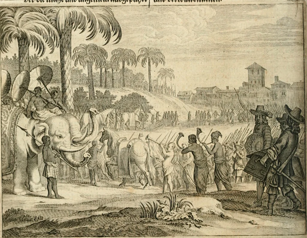 An illustration from Wahrhaftige ausführliche beschreibung der berühmten ostindischen kusten Malabar und Coromandel, als auch der insel Zeylon: samt dero angräntzenden und untergehörigen reichen, fürstentühmen, ländern, städten ... so wol auch der merkwürdigsten kriegshändel, belägerungen, feld- und seeschlachten, sonderlich zwischen den Portugesen und Holländern, handel-und kaufmannschaften: durchgehends verzieret mit neuen landkahrten und abbildungen der vornehmsten städte, festungen, trachten, thiere, früchte, &c. so in India selbst nach dem leben gezeichnet, und folgends mit fleiss zu kupfer gebracht: benebst einer umständlichen und gründlichen entdeckung der abgötterey der ost-indischen heyden, Malabaren, Benjanen, Gentiven, Bramines &c. .., 1672, leaf 355