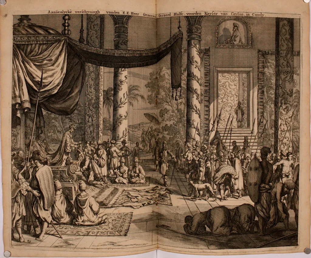 An illustration from Wahrhaftige ausführliche beschreibung der berühmten ostindischen kusten Malabar und Coromandel, als auch der insel Zeylon: samt dero angräntzenden und untergehörigen reichen, fürstentühmen, ländern, städten ... so wol auch der merkwürdigsten kriegshändel, belägerungen, feld- und seeschlachten, sonderlich zwischen den Portugesen und Holländern, handel-und kaufmannschaften: durchgehends verzieret mit neuen landkahrten und abbildungen der vornehmsten städte, festungen, trachten, thiere, früchte, &c. so in India selbst nach dem leben gezeichnet, und folgends mit fleiss zu kupfer gebracht: benebst einer umständlichen und gründlichen entdeckung der abgötterey der ost-indischen heyden, Malabaren, Benjanen, Gentiven, Bramines &c. .., 1672, leaf 359