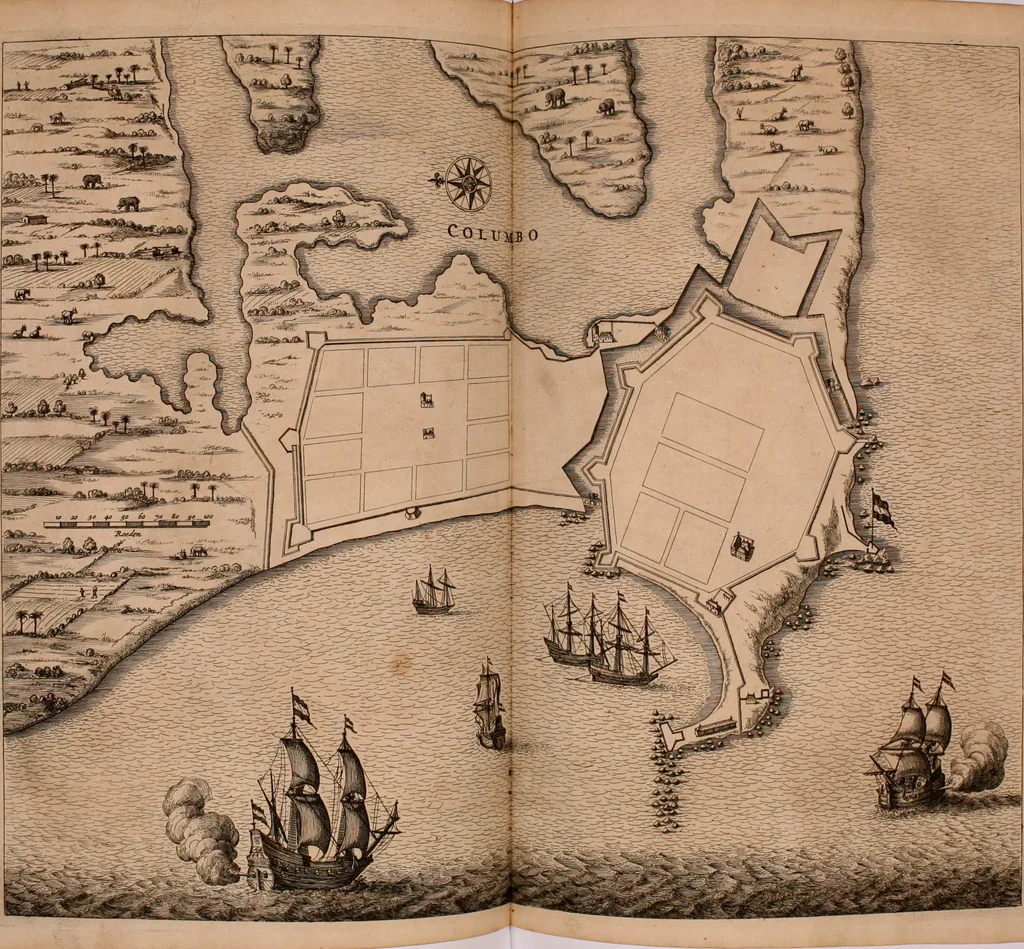 An illustration from Wahrhaftige ausführliche beschreibung der berühmten ostindischen kusten Malabar und Coromandel, als auch der insel Zeylon: samt dero angräntzenden und untergehörigen reichen, fürstentühmen, ländern, städten ... so wol auch der merkwürdigsten kriegshändel, belägerungen, feld- und seeschlachten, sonderlich zwischen den Portugesen und Holländern, handel-und kaufmannschaften: durchgehends verzieret mit neuen landkahrten und abbildungen der vornehmsten städte, festungen, trachten, thiere, früchte, &c. so in India selbst nach dem leben gezeichnet, und folgends mit fleiss zu kupfer gebracht: benebst einer umständlichen und gründlichen entdeckung der abgötterey der ost-indischen heyden, Malabaren, Benjanen, Gentiven, Bramines &c. .., 1672, leaf 383